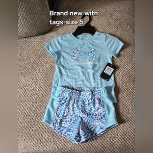 Under Armour Light Blue Tee with Blue & Pink Printed Shorts - Girls